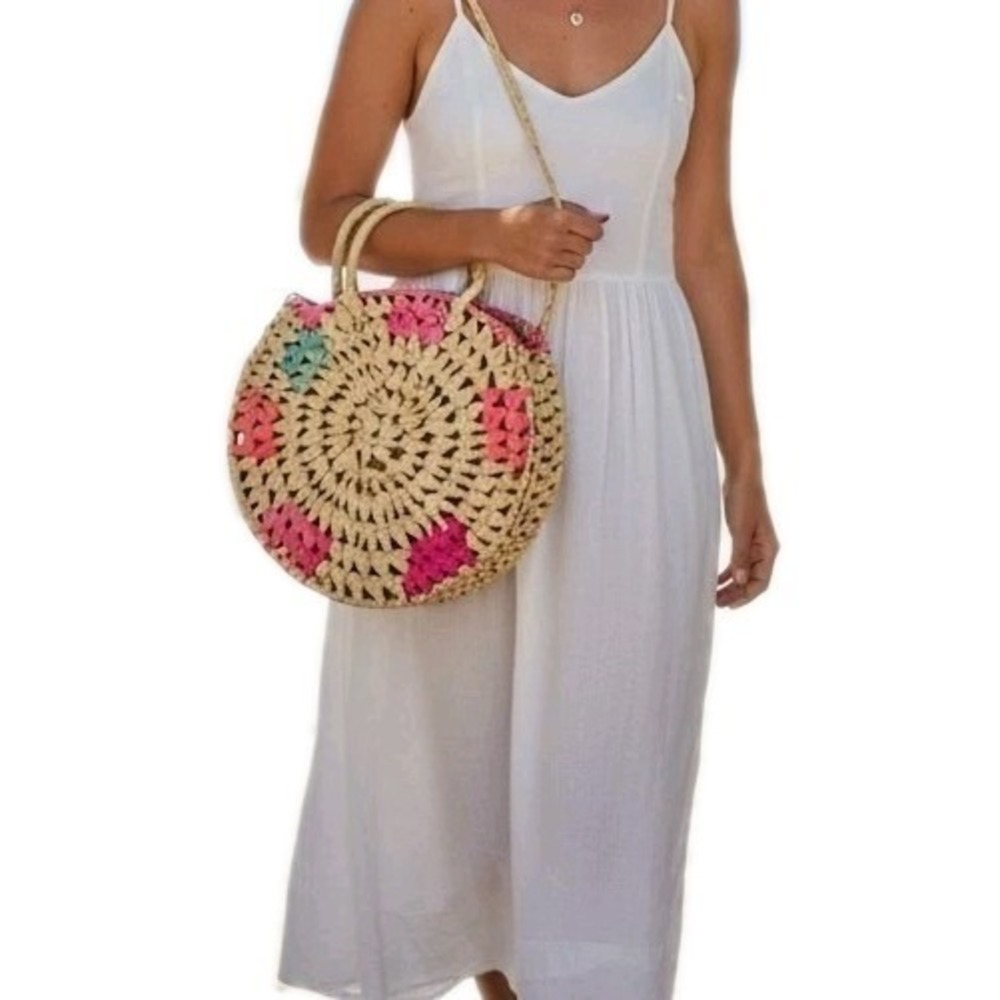 VTG Round Handwoven Straw Tote Bag Boho Colorful‎ Pink Beach PurseSZ L